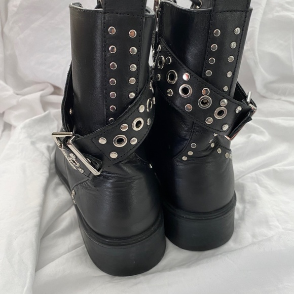 ZARA Trafaluc Black Leather Studded Combat Ankle Boots - Picture 3 of 8